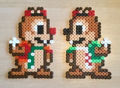 two pieces of bead art depicting an image of mario and luigi in different colors