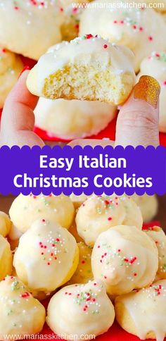 easy italian christmas cookies with white frosting and sprinkles on red plates