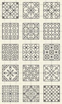 the different patterns used in quilting are shown on lined notebooks, with black ink