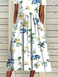 Pockets Casual Short Sleeve Woven Dress, White / S Sundress Floral, Chic Cocktail Dress, Fashion Design Dress, Evening Gowns Elegant, Floral Sundress, Round Neck Dresses, Summer Style Casual, Historical Dresses, Floral Dresses