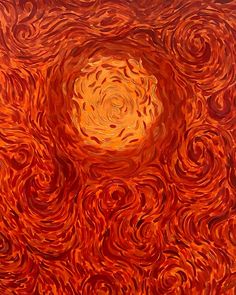 an abstract painting with swirls in red and orange