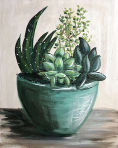 a painting of a potted plant with green leaves and buds in it on a table