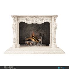 a white fireplace with an ornate design on the mantle