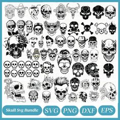 skull svg bundle is shown in black and white, with different types of skulls