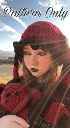 a woman wearing a knitted hat and scarf with the words pattern only written on it