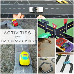 several pictures with cars and toys on them, including a toy car that says activities for car crazy kids