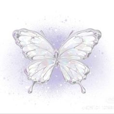 a white butterfly with iridescent wings on a purple and white watercolor background