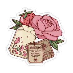 a sticker with strawberrys and tea bags on it, next to a pink rose