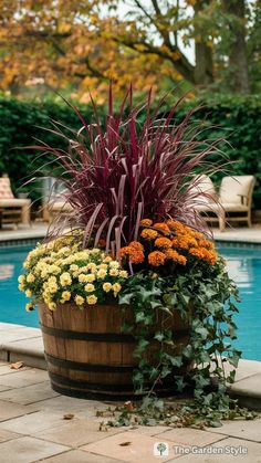 a wooden barrel filled with lots of flowers next to a swimming pool in the fall