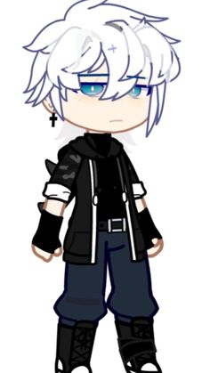 an anime character with white hair and blue eyes, wearing black pants and a black jacket