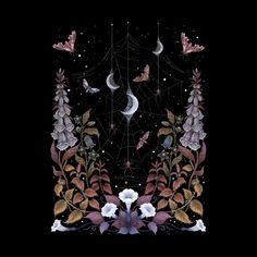 a black background with flowers, butterflies and a spider web in the center that is hanging from it's sides