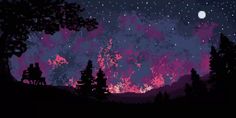 the night sky is filled with stars and trees