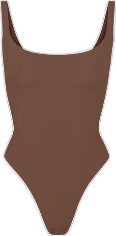 High Stretch Brown Bodysuit For Summer, Fitted Seamless Brown Bodysuit, Elegant Brown Summer Bodysuit, Elegant Brown Bodysuit For Summer, Square Neck Bodysuit, Everyday Wardrobe, High Cut, Base Layer, Square Neckline