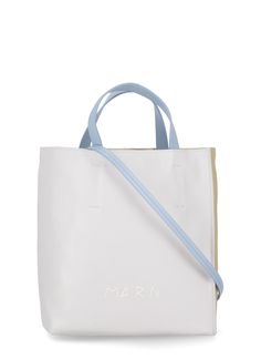 - Light-blue Marni leather bag for woman - One main compartment - One interior zip pocket with logo - Removable and adjustable shoulder strap - Magnetic button fastening - Front contrasting color embroidered logoComposition: 100% Cowhide - Lining:, 95% Cotton, 5% Acrylic Inside:, 100% Cowhide Metal Parts:, 100% Brass - Metal Parts:, 94% Zinc, 4% Aluminium, 2% Copper Silver Rectangular Bag With Silver-tone Logo, Light Blue Leather Rectangular Bag, Marni Beach Bag, Blue Rectangular Bag With Silver-tone Hardware, Light Blue Leather Bag With Silver-tone Hardware, Marni Bag, Embroidered Tote Bag, White Tote Bag, Embroidered Tote