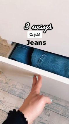 Demonstration of 3 ways a jean can be folded How To Fold Jeans, Folding Jeans, Diy Clothes Hacks, Packing Hacks Clothes, House Wife, Wardrobe Organisation, Packing Clothes, Folding Laundry, Clothes Organization Diy