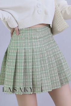 Lasaky - Stylish Apple Green Tartan Print High-Waisted Short Skirt Spring Korean Fashion, Korean Fashion School, High Waisted Short Skirt, Korean Fashion Cute, Pleated Fashion, Short Pollera, Plaid Pleated Skirt, Skirt Y2k, Pleated Shirt