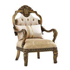 an antique style chair with gold trimmings and pillows on the back, against a white background