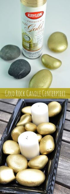 gold rock candle centerpiece is displayed on a wooden table with rocks and a jar