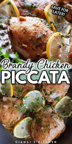 the cover of brandy chicken piccata with lemons and herbs on it