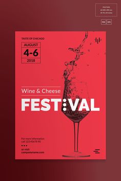 a wine and cheese festival flyer with a glass of wine splashing out of it