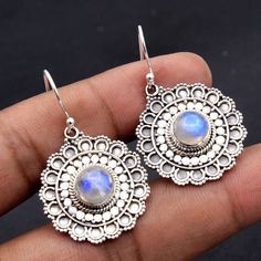 Natural Rainbow Moonstone Round Gemstone Beautiful Earring - 925 Sterling Silver Handmade Designer Pretty Women Earrings length 1.5"- ae1483 ( Stamped 925 )MATERIAL -  925 STERLING SILVERGEMSTONE - MoonstoneSTONE SHAPE - RoundEARRINGS LENGTH - 1.5"EARRING WEIGHT - 8.64 GRAMSSTONE SIZE - 9 x 9 mmCOLOR -  AS SEEN IN PICTURE Handmade Round Moonstone Earrings, Nickel-free Moonstone Round Earrings, Handmade Round Crystal Earrings For Anniversary, Unique Moonstone Earrings, Unique Moonstone Pierced Earrings, Moonstone Earrings Gift, Moonstone Earrings As A Gift, Handmade Moonstone Earrings For Anniversary, White Stamped 925 Dangle Jewelry