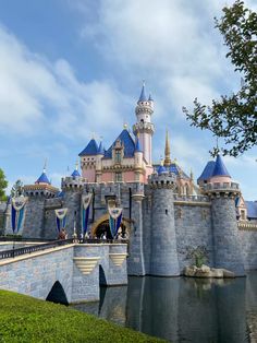 a castle with blue turrets is next to a body of water