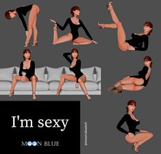 the woman is posing in different poses on the couch and holding her leg up with both hands