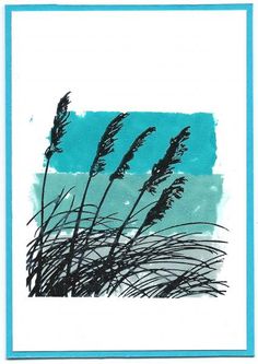 an ink drawing of sea oats on a blue and white card with the ocean in the background