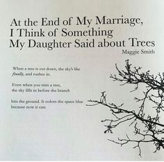 an open book with the title at the end of my marriage, i think of something my daughter said about trees