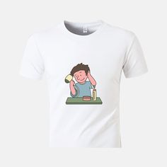 a white t - shirt with a drawing of a man sitting at a table holding a cup