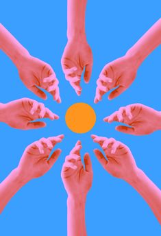 several hands reaching towards an orange ball in the middle of a blue circle with pink and red colors