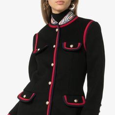 Nwt - This Black Gucci Web Trim Single-Breasted Blazer Is Expertly Crafted In Italy From A Plush Woolen Blend. It Features A Collarless Design With A Rounded Neckline, Long Sleeves, Buttoned Cuffs, Four Front Flap Pockets And A Gg Mother Of Pearl Button-Down Fastening With Chain Edging And Is Embellished With A Red And Blue Grosgrain Trim. Authentic / Free Authentication By Posh Made In Italy. Gucci Velvet Hanger Included. Msrp: $3,700 *** Posh Ambassador & 5 Star Top-Rated Seller *** Gucci Black Formal Outerwear, Elegant Black Gucci Outerwear, Black Elegant Gucci Outerwear, Elegant Black Outerwear With Contrast Trim, Notched Collar Jacket, Gucci Jackets, Gucci Jacket, Collarless Jacket, Designer Blazers