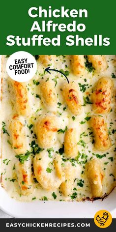 chicken alfredo stuffed shells in a white casserole dish with cheese and parsley