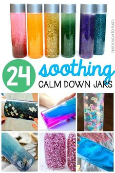 some bottles with glitter inside them and the words, 24 soothing calm down jars in different colors