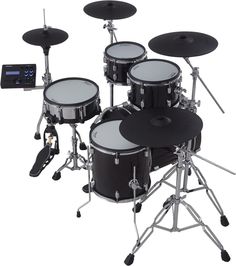 a black drum set sitting on top of a white background