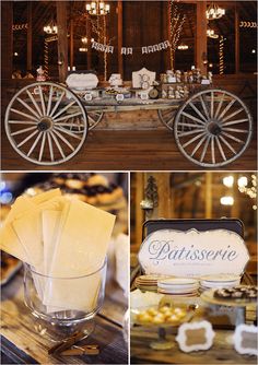 a collage of pictures showing different types of food and pastries in front of a carriage