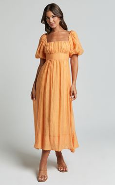 Roshina Midi Dress - Straight Neck Puff Sleeve Dress in Orange | Showpo USA Pastel Orange Dress, Church Fits, Basic Black Dress, Spring Maxi Dress, Bachelorette Dress, Neon Outfits, Navy Bridesmaid Dresses, Church Dresses, Long Sleeve Knit Dress