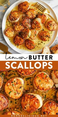 lemon butter scallops in a white bowl and on a plate