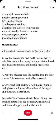 an iphone screen showing the instructions for how to make frozen meatballs and other treats