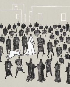 a drawing of people standing in the middle of a crowd