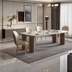 an elegant dining room with white chairs and a marble table surrounded by gray rugs