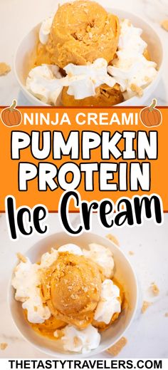 pumpkin protein ice cream with whipped cream in a bowl