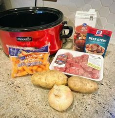 the ingredients for this meal include potatoes, carrots and meat