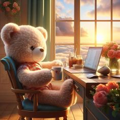 a teddy bear sitting at a desk with a laptop and coffee cup in front of it