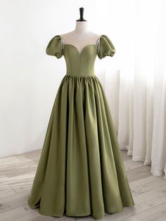 Green Puff Sleeves Satin Long Prom Dress Outfits For Girls Green Short Sleeve Evening Dress For Banquet, Green Puff Sleeve Dress For Wedding, Banquet Evening Dress With Puff Sleeves And Fitted Bodice, Dress Green Short, Prom Dress Green, Satin Long Prom Dress, Long Formal Dresses, Floor Length Prom Dresses, Evening Dress Floor Length