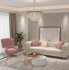 a living room filled with furniture and a chandelier