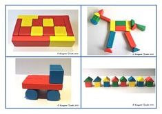 the instructions to make a wooden block toy horse and blocks are shown in four different colors