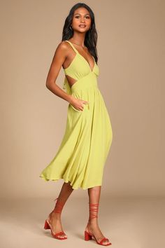 Lime Green Midi Dress - Tie-Back Dress - Midi Dress with Pockets - Lulus Summer V-neck Dress With Pockets, Summer Cutout Dress For Brunch, Chic Summer Dress With Cutout Detail, Chic Cutout Summer Dress, Chic Cutout Beach Dress, Chic Summer Dresses With Cutouts, Chic Cutout Dresses For Summer, V-neck Cutout Dress For Beach, Chic Cutout Dresses For Vacation