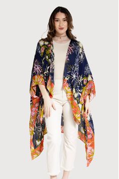 Electric Summer Kimono Navy Abstract Floral Design, Modern Kimono, Sleeve Silhouette, Sleek Dress, Fashion Landscape, Vibrant Eyes, Kimono Pattern, Cover Up Tattoo, Scarf Sale