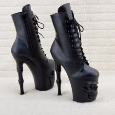 8" (200mm) Finger Bone Heel, 4" (100mm) Skull Sculpted Platform Lace-Up Front Ankle Boot, Inner Side Zip Closure Faux Black Leather Authentic New In Box Black Goth Shoes, High Heel Platform Ankle Boots, Pleaser Heels, Goth Shoes, Dance Boots, Open Toe Boots, Skull Bones, Wedding Shoes Lace, Pleaser Shoes